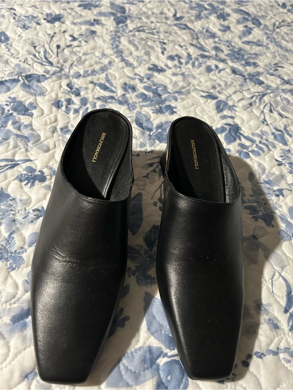 Bruno Magli Black Leather Square-Toe Mules Fran
